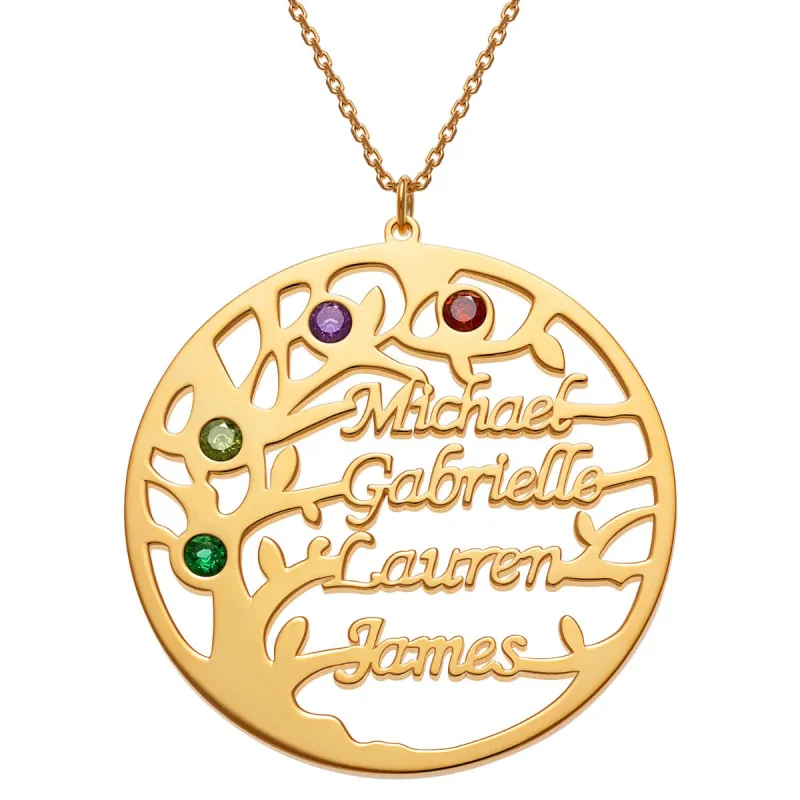 14K Gold Plated Name and Birthstone Family Tree Necklace sold by Limoges Jewelry