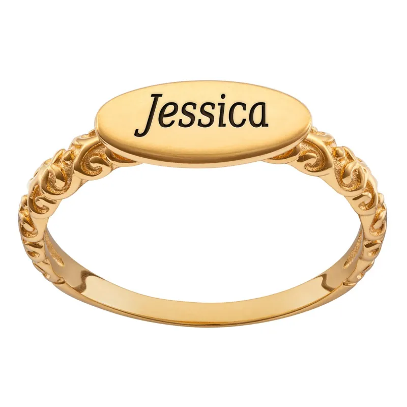 14K Gold over Sterling Engraved Name Oval Filigree Ring sold by Limoges Jewelry
