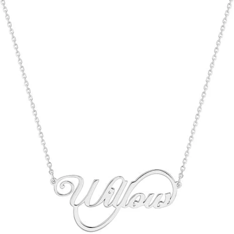 Sterling Silver Whimsical Script Name Infinity Plaque Necklace sold by Limoges Jewelry