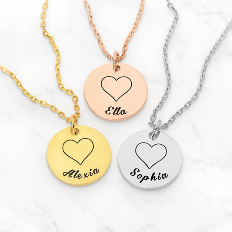 Petite Engraved Name and Heart Disc Necklace sold by Limoges Jewelry