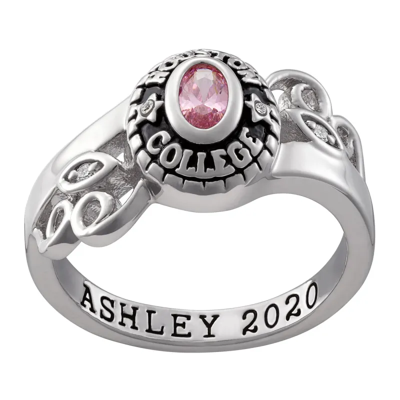 Sterling Silver Traditional Oval Stone and Diamond Swirl Ladies Class Ring sold by Limoges Jewelry