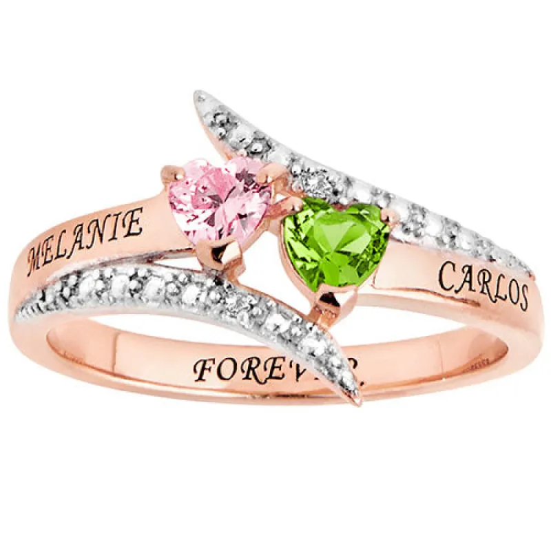 14K Rose Gold over Sterling Couple's Heart Birthstone Bypass Diamond Accent Ring sold by Limoges Jewelry