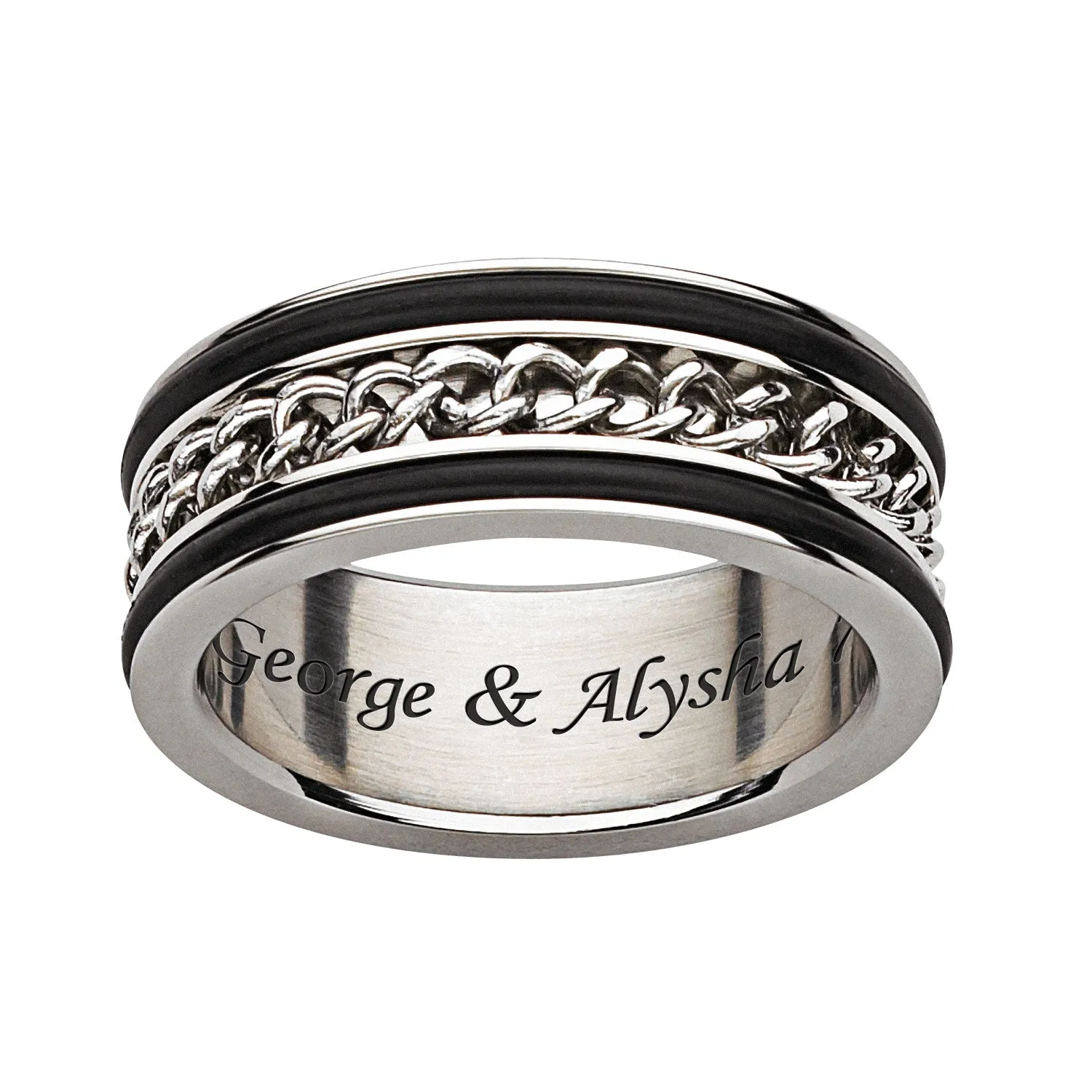 Titanium & Stainless Chain Engraved Spinner Band sold by Limoges Jewelry