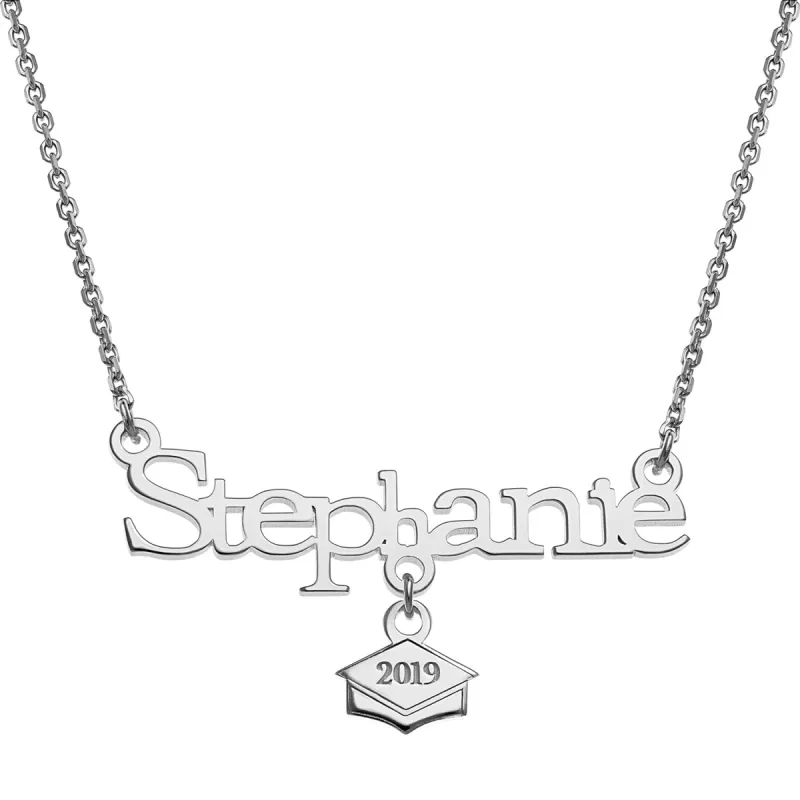 Sterling Silver Name with Graduation Cap Charm Necklace sold by Limoges Jewelry