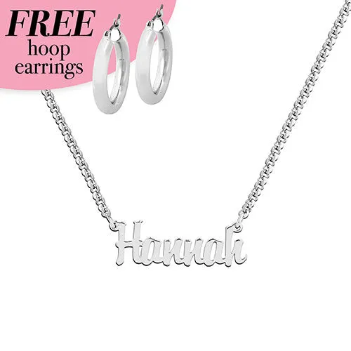 Sterling Silver Script Name Plaque with Free Hoop Earrings sold by Limoges Jewelry