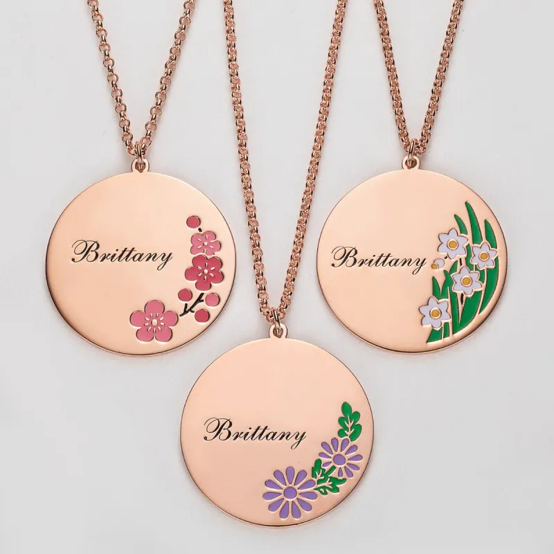 14K Rose Gold Plated Engraved Name and Enamel Birth Flower Necklace sold by Limoges Jewelry
