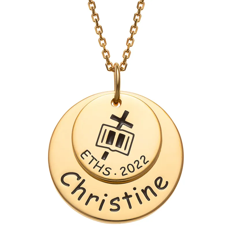 14K Gold over Sterling Graduation Double Disc Necklace with Engraved Cross and Bible sold by Limoges Jewelry