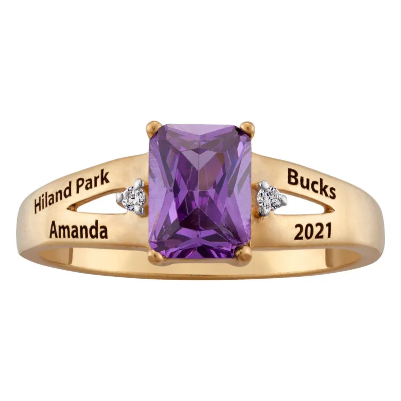 18K Gold Over Sterling Emerald-Cut Stone & Diamond Accents Class Ring sold by Limoges Jewelry