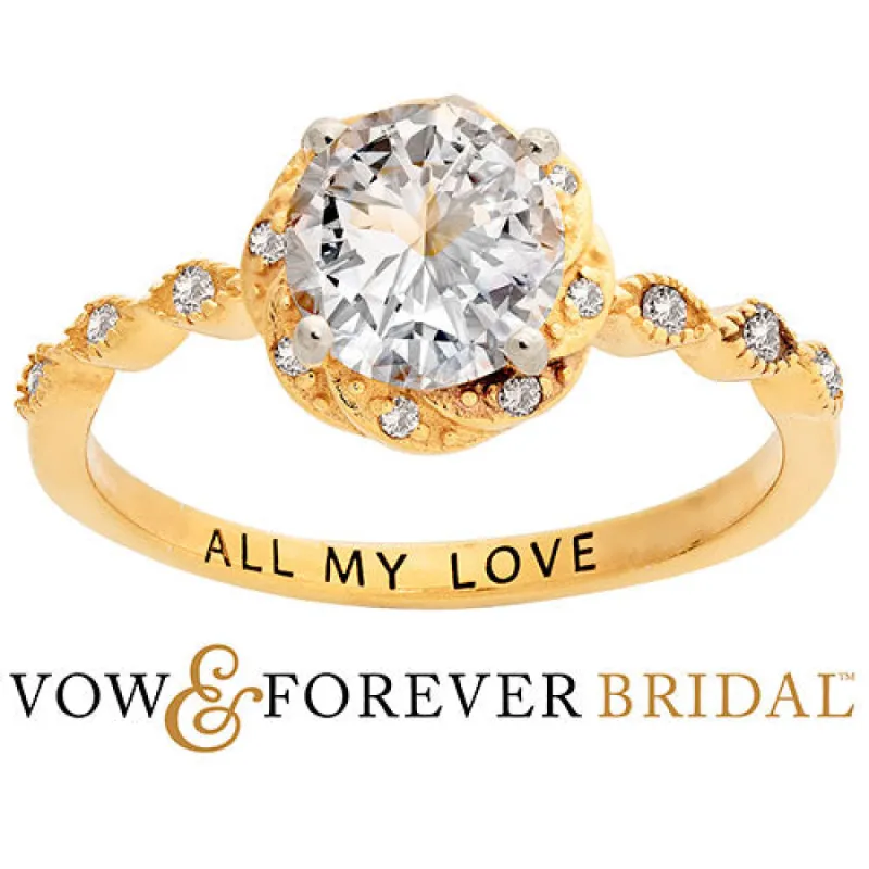 14K Gold over Sterling White Topaz with Halo Diamond Accent Engraved Engagement Ring sold by Limoges Jewelry