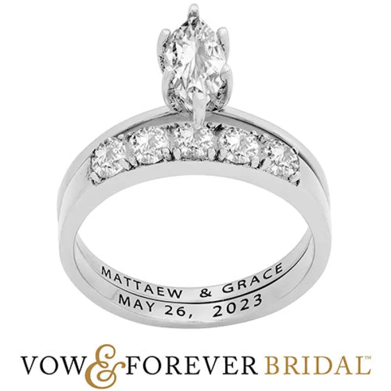 Platinum over Sterling Marquise White Topaz 2-Piece Engraved Wedding Ring Set sold by Limoges Jewelry