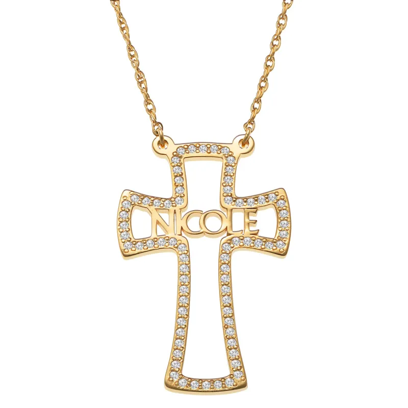 14K Gold over Sterling CZ Cross with Name Necklace made by Limoges Jewelry