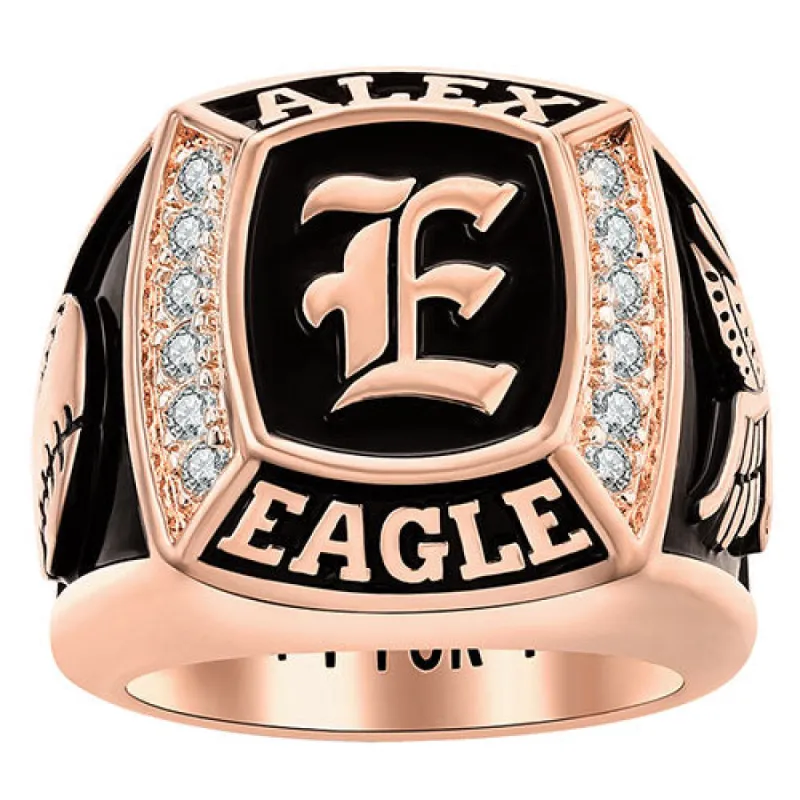 Men's 14K Rose Gold Plated Initial Traditional CZ Square Birthstone Class Ring sold by Limoges Jewelry