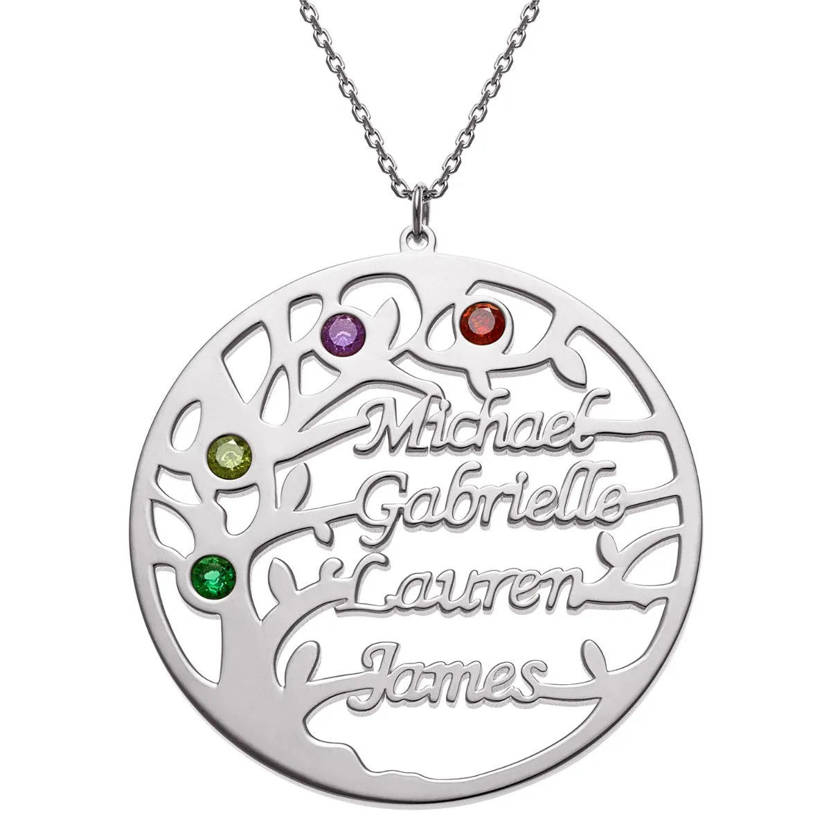 Silver Plated Name and Birthstone Family Tree Necklace sold by Limoges Jewelry