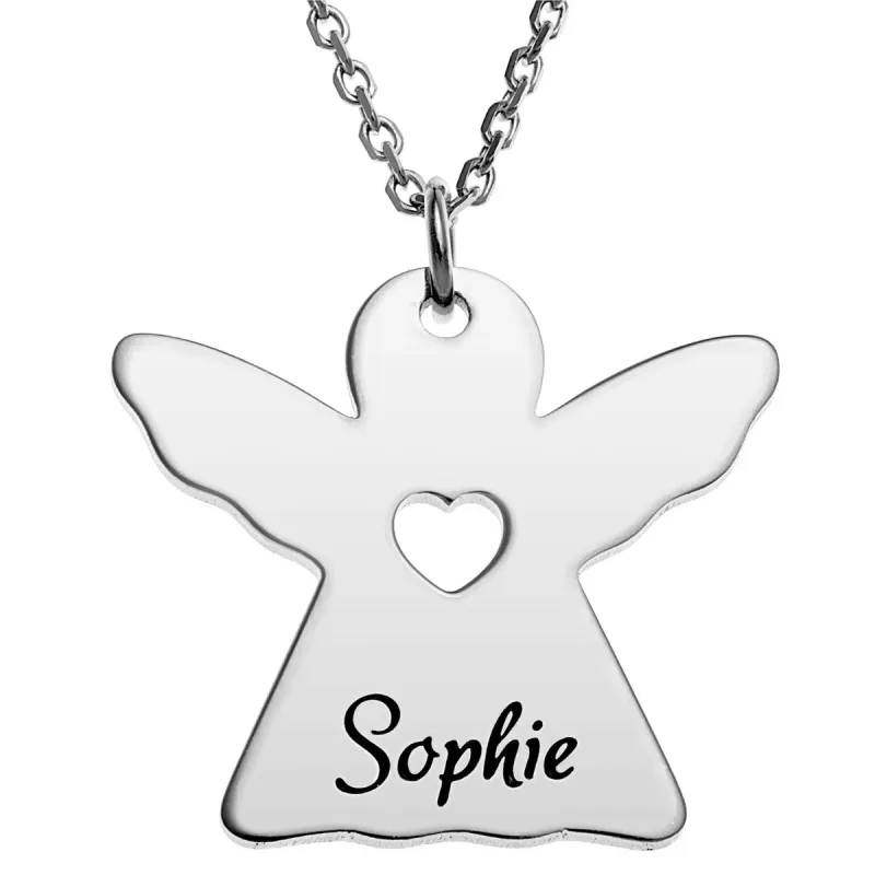 Silver Plated Engraved Name Angel with Cutout Heart Necklace sold by Limoges Jewelry