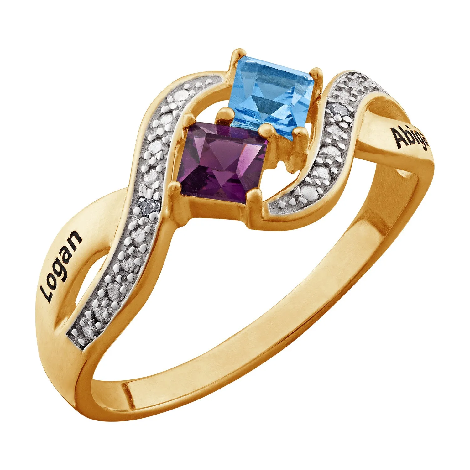 10K Yellow Gold Couples Square Cut Name & Birthstone Ring with Diamond Accent sold by Limoges Jewelry product image thumbnail 2