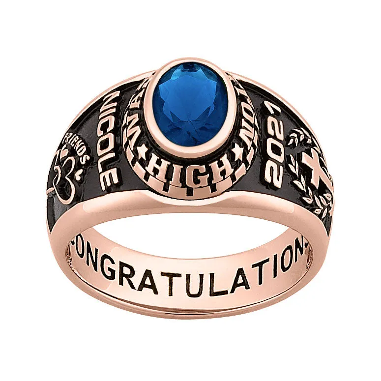 Ladies 14K Rose Gold over Sterling Traditional Oval Birthstone Class Ring sold by Limoges Jewelry