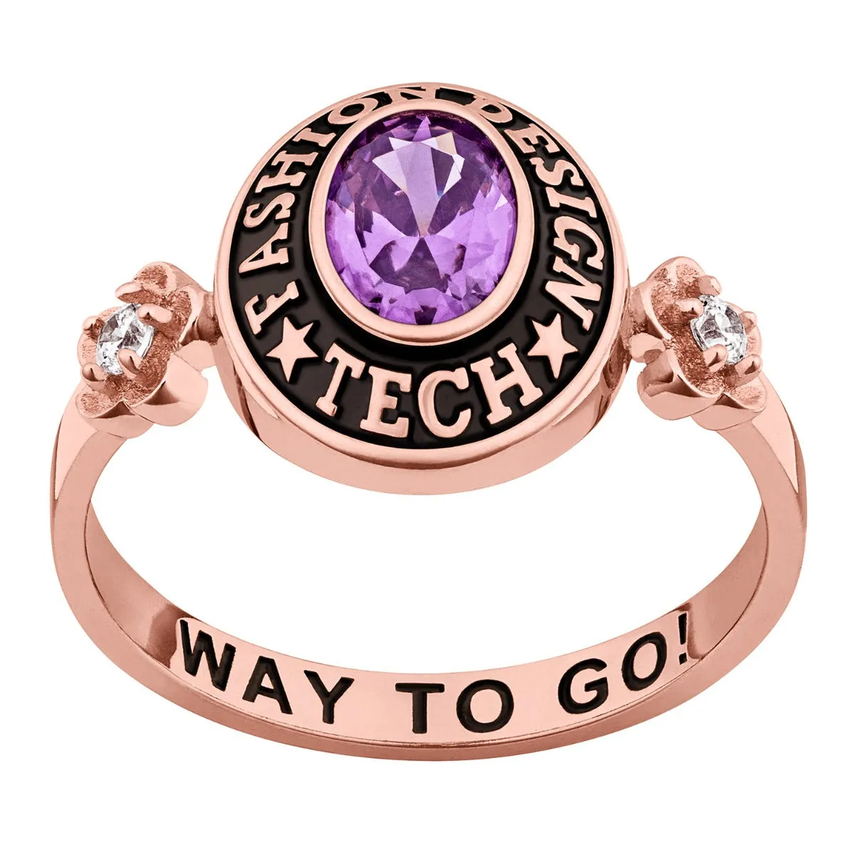 Ladies' Rose Gold Celebrium Oval Birthstone with CZ Flowers Class Ring sold by Limoges Jewelry