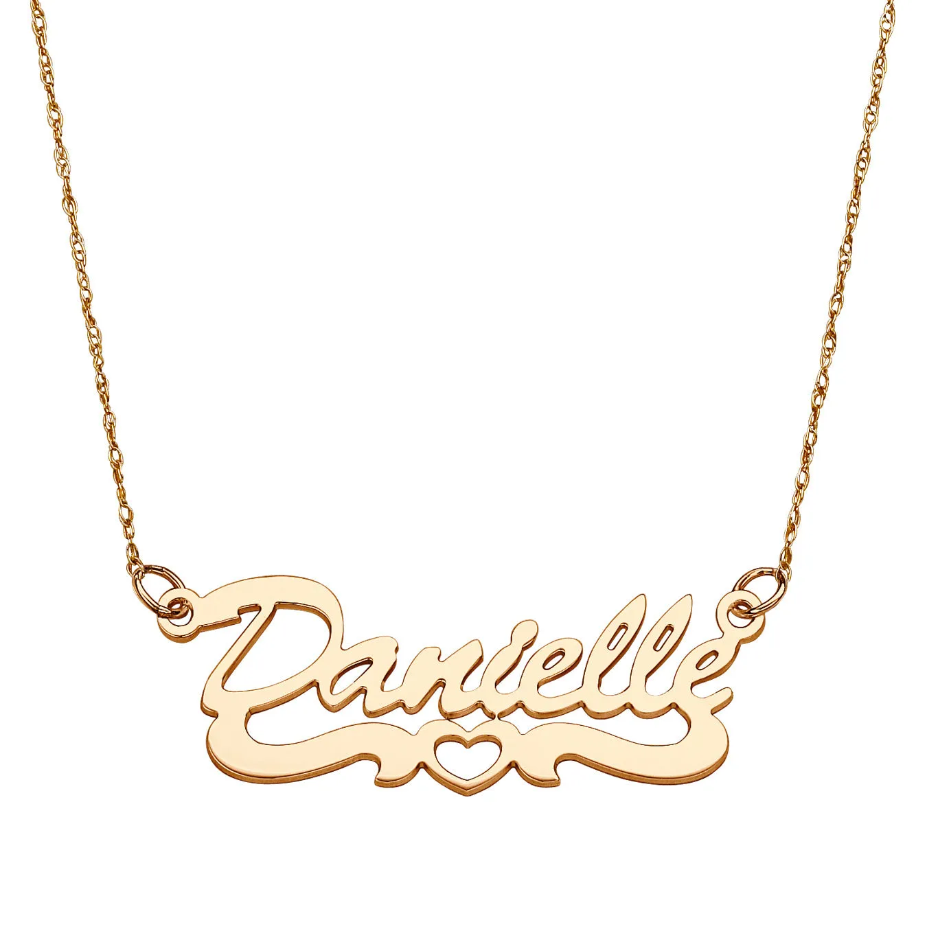14K Gold over Sterling Script Name Necklace with Open Heart Tail sold by Limoges Jewelry