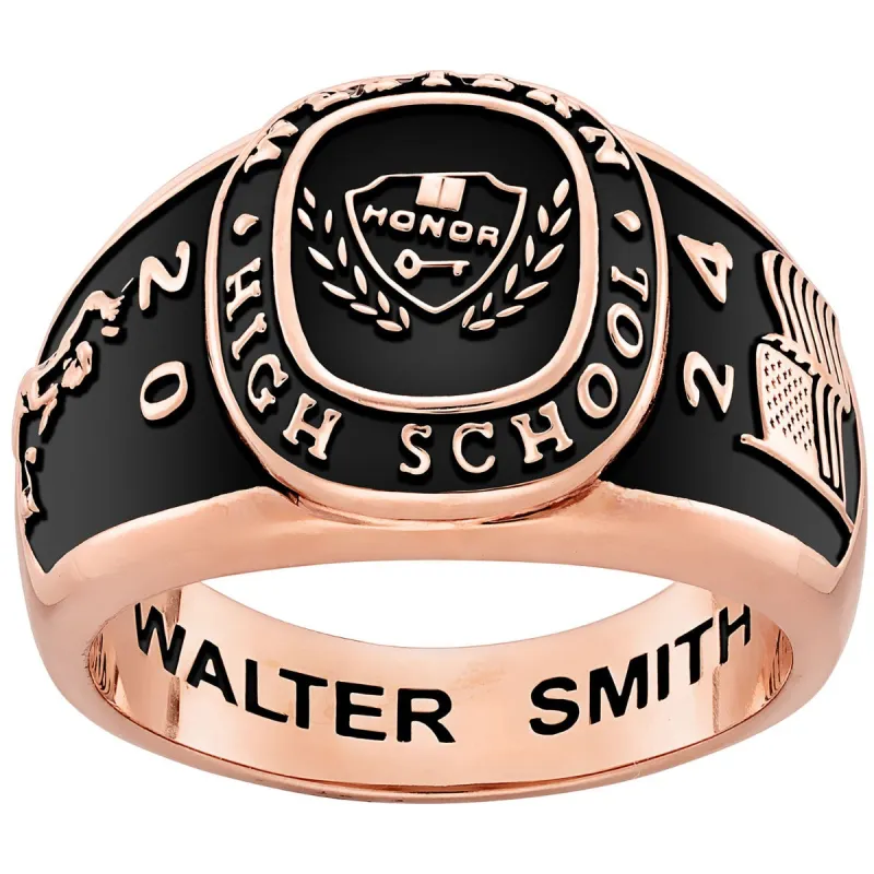 Men's 14K Rose Gold over Sterling Multiple Graphics Traditional Class Ring sold by Limoges Jewelry