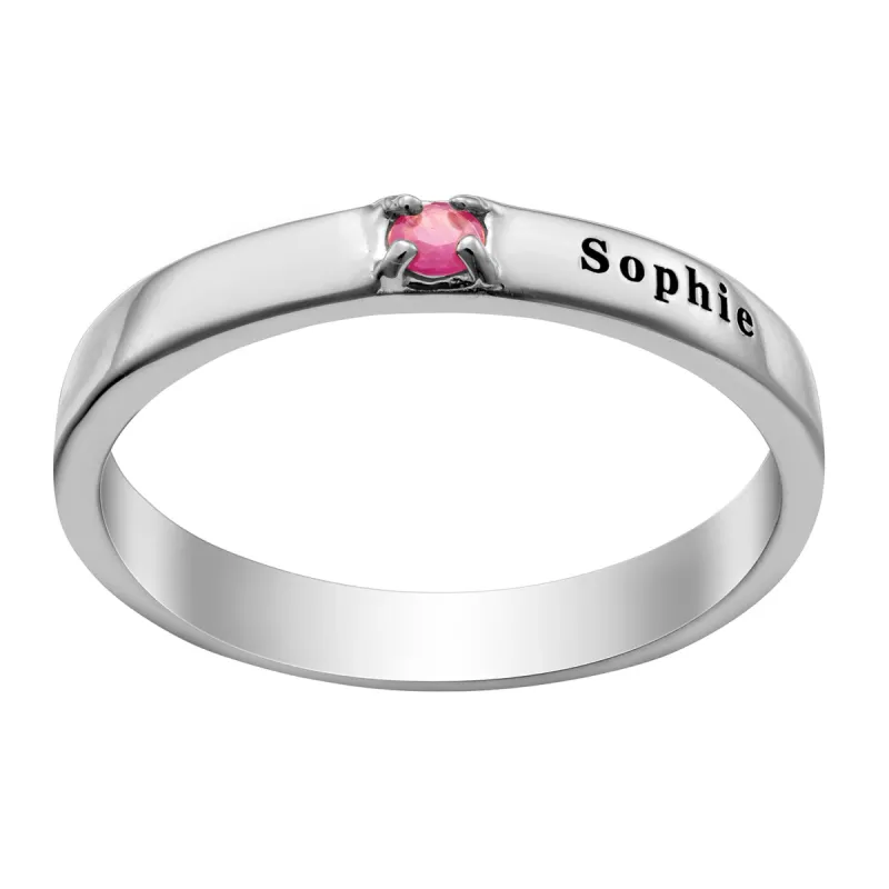 Sterling Silver Engraved Name and Genuine Birthstone Band Ring sold by Limoges Jewelry