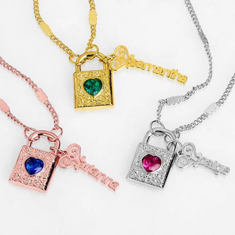 Filigree Birthstone Heart Lock with Name Key Necklace sold by Limoges Jewelry