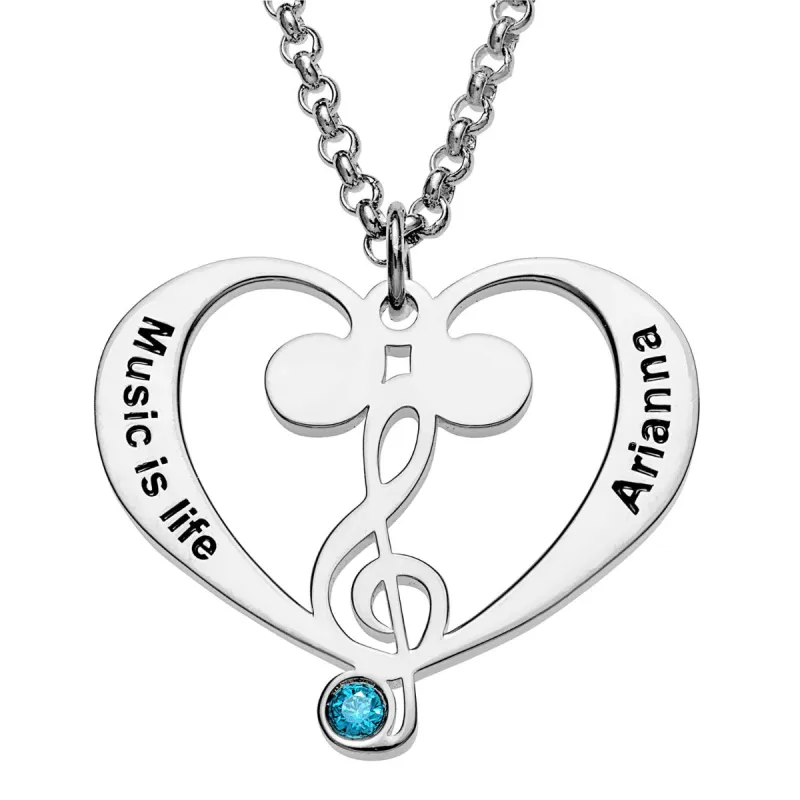 Silver Plated Treble and Bass Clef Heart Name and Birthstone Necklace sold by Limoges Jewelry
