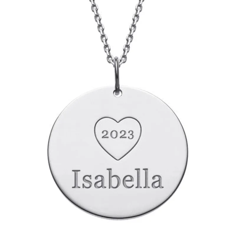 Sterling Silver Engraved Name Disc with Year Necklace sold by Limoges Jewelry
