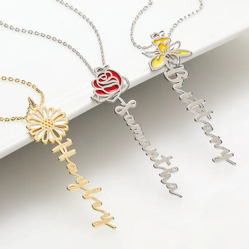 Vertical Script Name with Enamel Birthmonth Flower Necklace sold by Limoges Jewelry