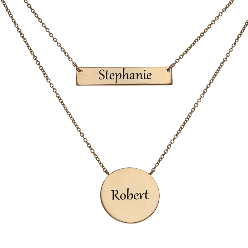 14K Gold over Sterling Engraved Bar and Disc Layered Necklace sold by Limoges Jewelry