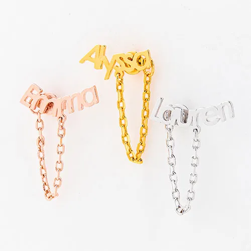 Sterling Silver Personalized Name Crawler Button with Chain Loop Earring sold by Limoges Jewelry