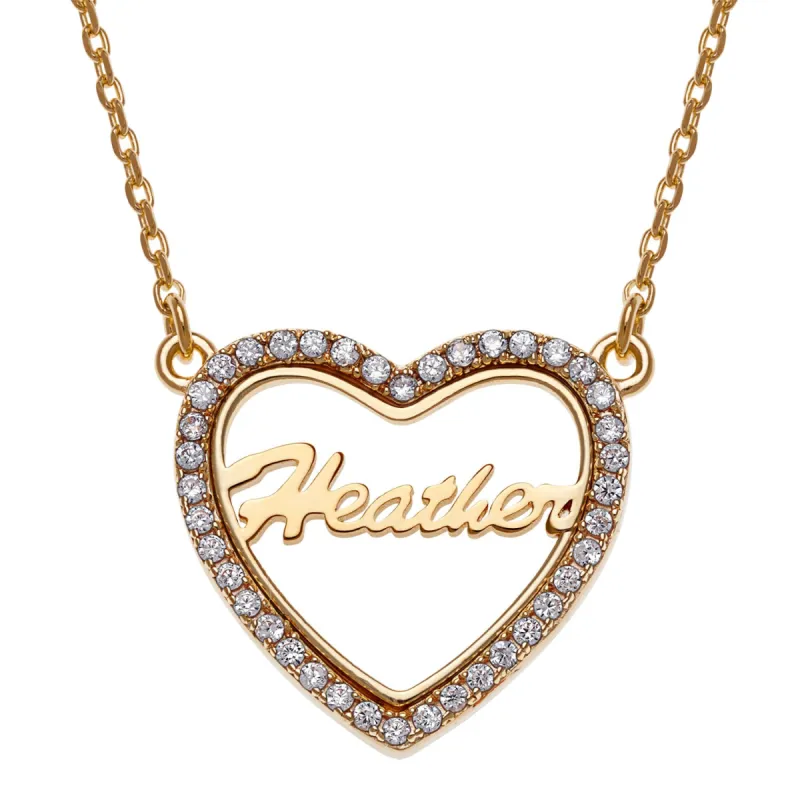 14K Gold over Sterling  Open Heart Name with CZ Necklace sold by Limoges Jewelry