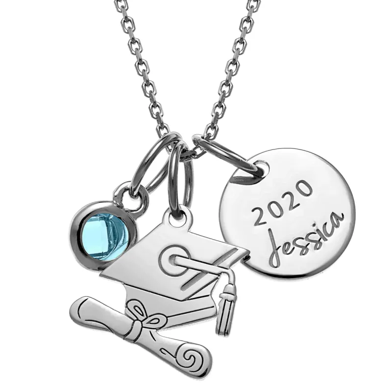 Sterling Silver Graduation Cluster Charm Necklace with Birthstone sold by Limoges Jewelry