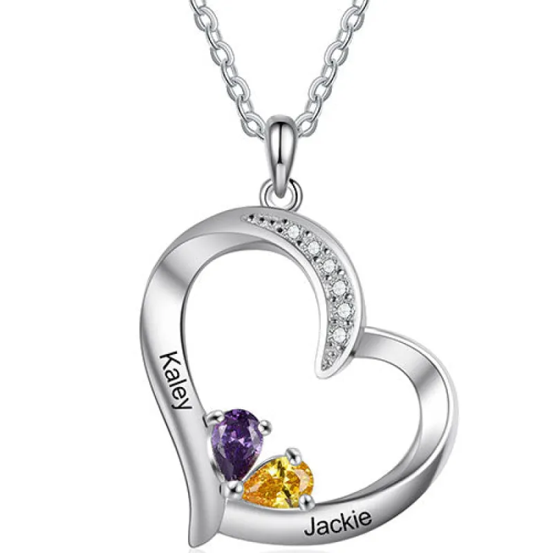 Silver Plated Engraved 2 Birthstone CZ Open Heart Necklace sold by Limoges Jewelry