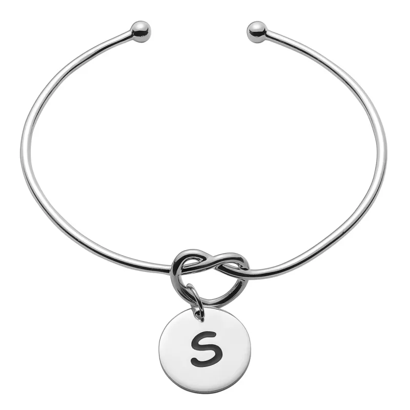 Sterling Silver Engraved Initial Disc with Heart Knot Open Cuff Bracelet sold by Limoges Jewelry
