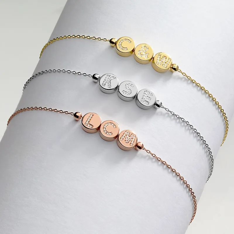 Pave CZ Initials Slider Charm Station Bracelet sold by Limoges Jewelry
