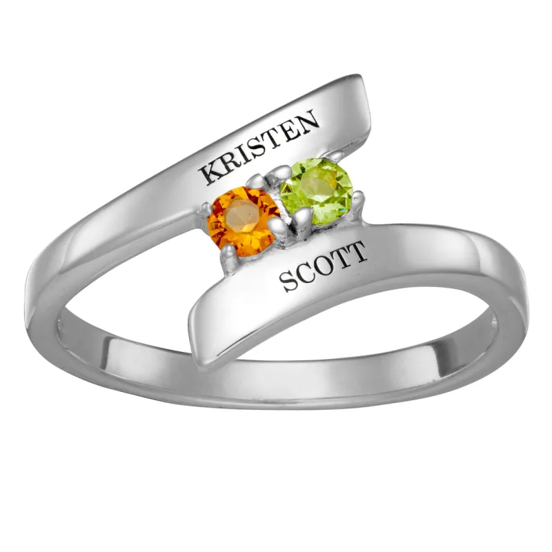 Sterling Silver Couple's Engraved Birthstone Bypass Ring sold by Limoges Jewelry