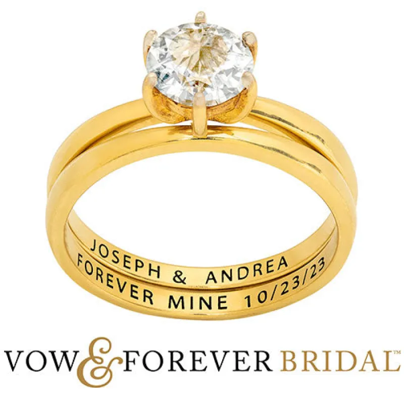 14K Gold over Sterling  Round White Topaz 2-Piece Engraved Wedding Ring Set sold by Limoges Jewelry