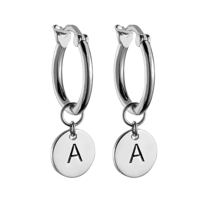 Silver Plated Drop Disc Initial Huggie sold by Limoges Jewelry