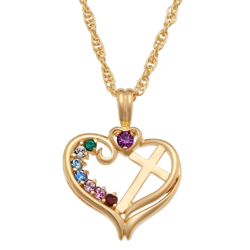 14K Gold over Sterling  Birthstone Heart Cross Necklace sold by Limoges Jewelry