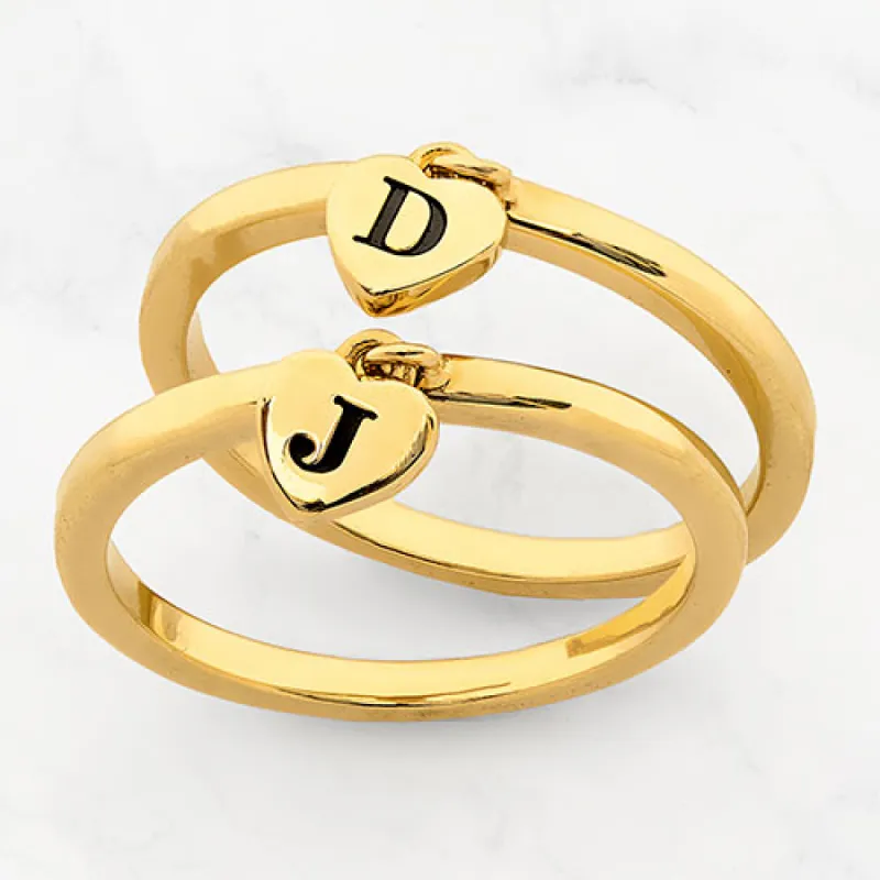 14K Gold Plated Stackable Initial Heart Charm Ring - Set of 2 sold by Limoges Jewelry
