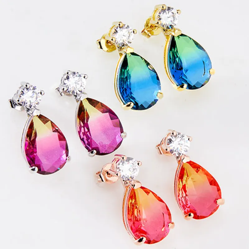 Iridescent Teardrop Stone with CZ Accent Button Earrings made by Limoges Jewelry