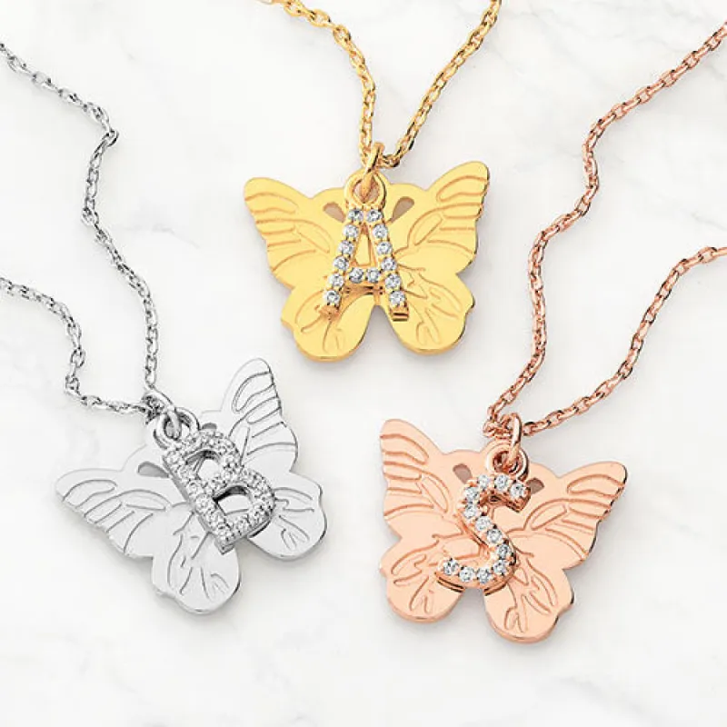 Plated CZ Initial Butterfly Necklace sold by Limoges Jewelry