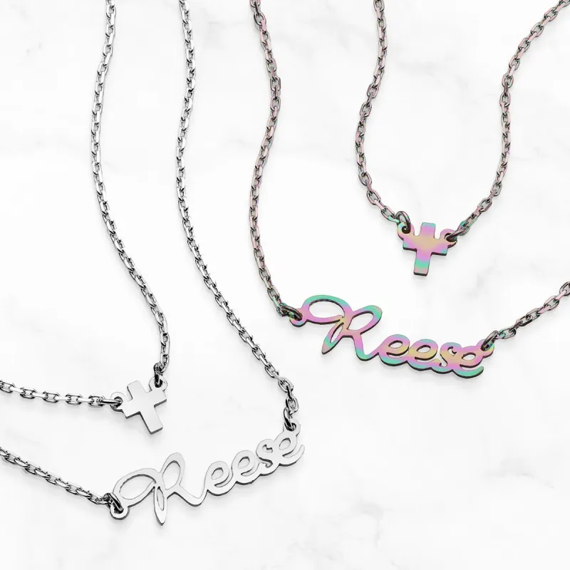 Stainless Steel Mini Name and Cross Layered Double Necklace sold by Limoges Jewelry