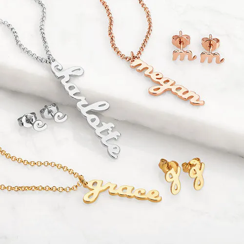 Sterling Silver Lowercase Script Name Necklace and Initial Earring Set sold by Limoges Jewelry