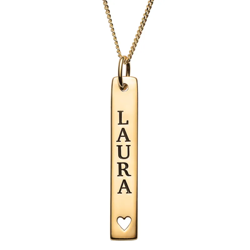 14K Gold over Sterling Engraved Name Bar Pendant with Heart Cut-out sold by Limoges Jewelry