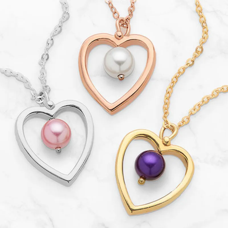 Sterling Silver Open Heart with Birth Month Pearl Necklace sold by Limoges Jewelry