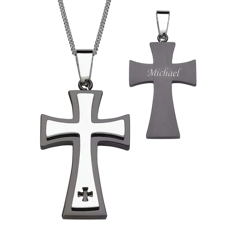 Black Stainless Steel Two-Tone Engraved Name Cross Necklace sold by Limoges Jewelry