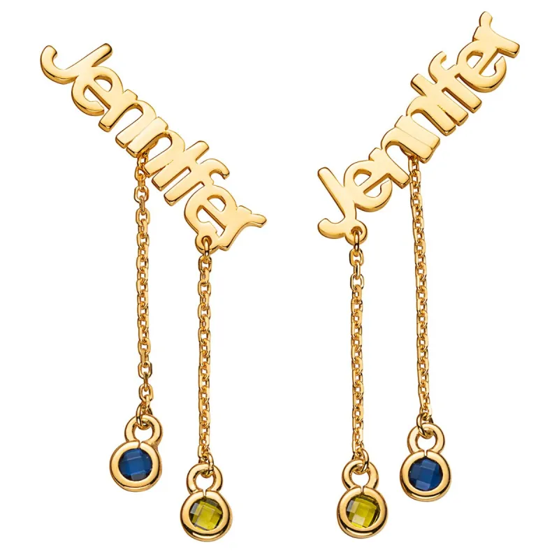 14K Gold over Sterling Name with Birthstone Dangle Crawler Earrings sold by Limoges Jewelry