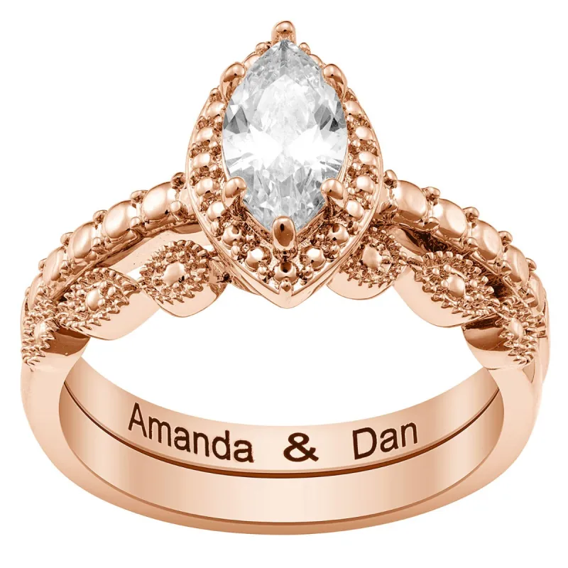 14K Rose Gold Plated Marquise Stone 2 Piece Wedding Ring Set sold by Limoges Jewelry