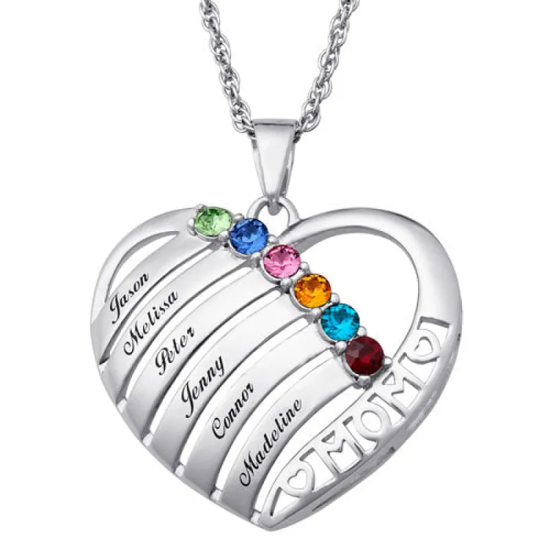 Engraved Heart Family Birthstone Necklace for Mom sold by Limoges Jewelry